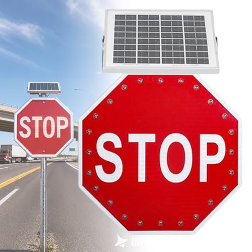 Solar LED Octagon Road Sign - Engineer Grade Reflective, Blinking Red Traffic Sign, IP65 Waterproof, Solar-Powered, 60cm/24in for Highways & Pedestrian Crossings, Customizable