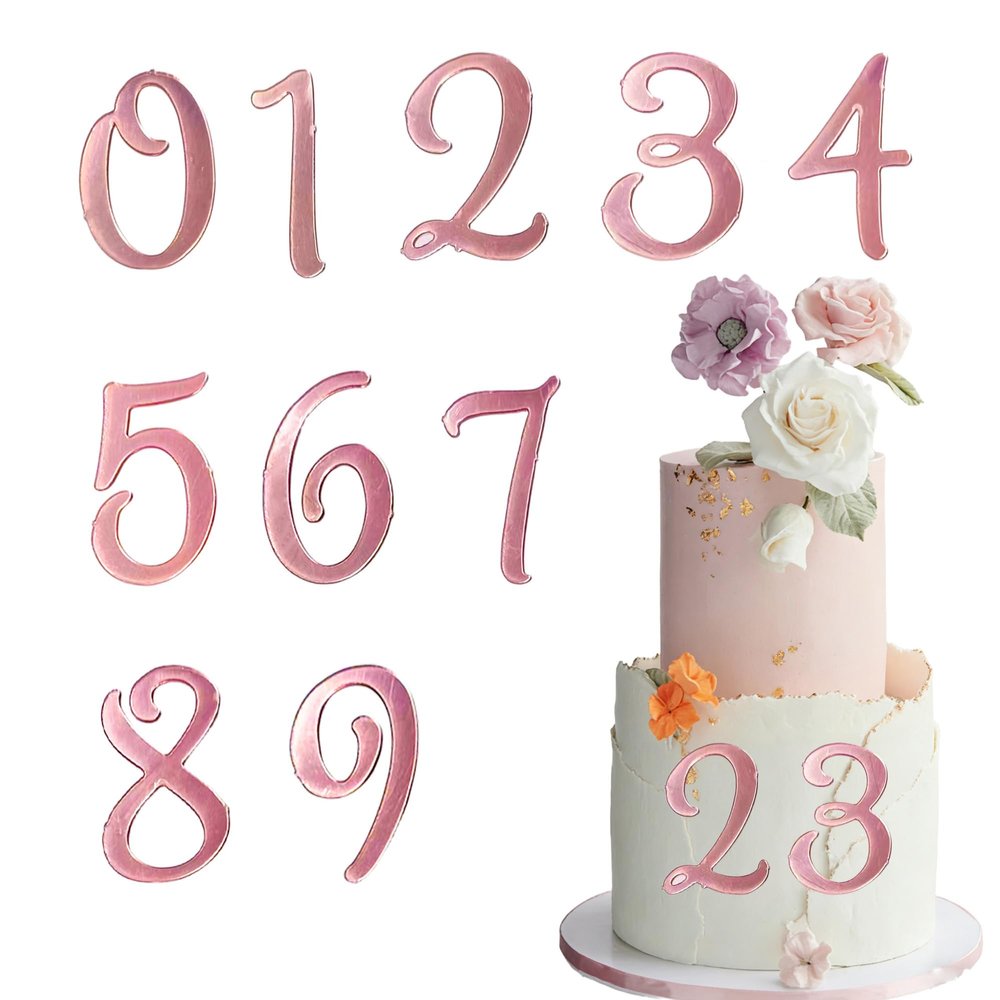 10-Piece Rose Gold Number Cake Topper Rose Gold Mirror Acrylic Number Cake Side Decoration 0-9 DIY cake decor suitable for Birthday Parties Anniversaries and Various Events