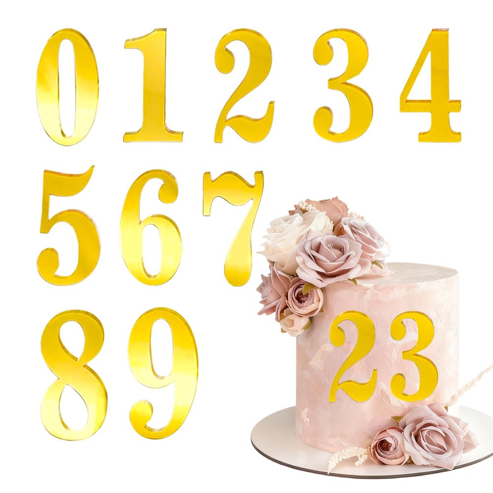 0-9 Acrylic Number Cake Decor - 10 Gold Number DIY Cake Toppers - Personalized decorations suitable for birthday parties, anniversaries, and various events.