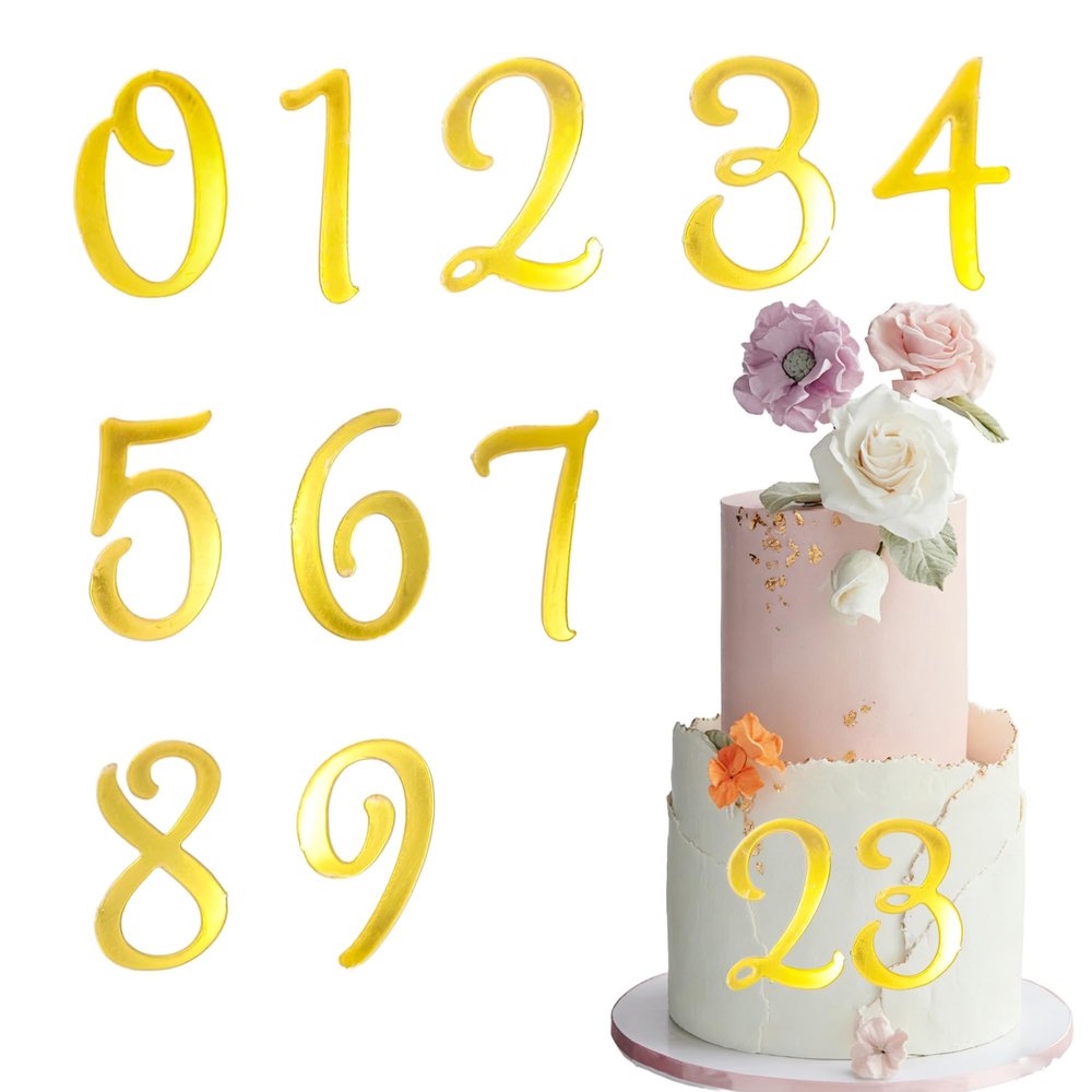 10-Piece Gold Number Cake Topper Mirror Acrylic Number Cake Side Decoration 0-9DIY cake decor Suitable for Birthday Parties Anniversaries and Various Events