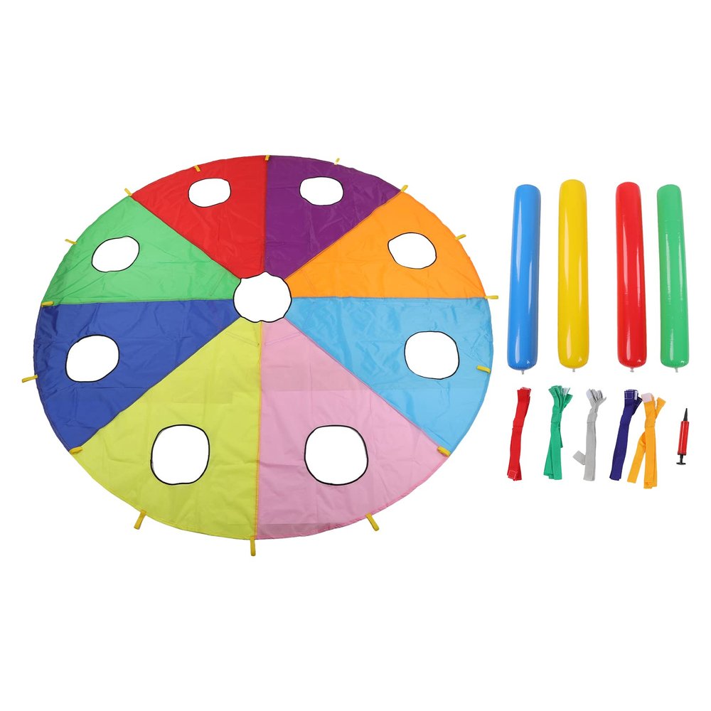 Ylwxzenith oor Pounding Game Set, Interac Parachute Game, Round S with 9 Holes, 4 Inflatable Rods and Umbrella Parachute for Kindergarten Parent Activities,