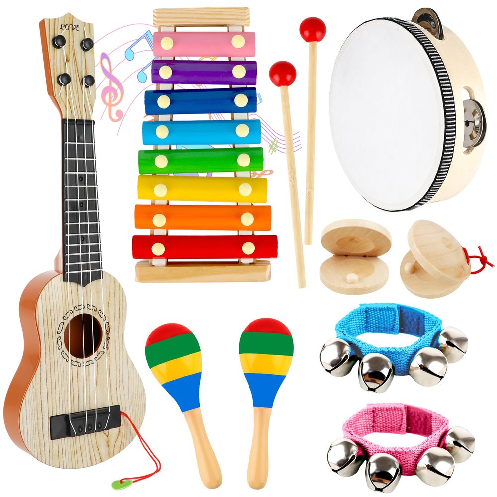 11 Pcs Musical Instruments Sets Included Wood Guitar Xylophone 2 Mallets 2 Tambourine 2 Hand Bell 2 Wood Sounder 2 Castanets for Preschool Toddlers Educational Music Learning