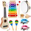 11 Pcs Musical Instruments Sets Included Wood Guitar Xylophone 2 Mallets 2 Tambourine 2 Hand Bell 2 Wood Sounder 2 Castanets for Preschool Toddlers Educational Music Learning view 1