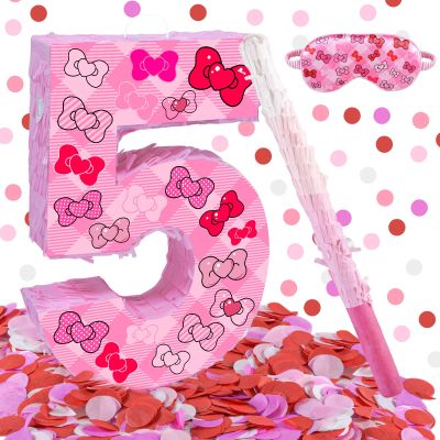 Pink Bow 5th Birthday Decorations, 15.75inch Bow Number 5 Piata with Blindfold Stick and Confetti for Pink Bow Birthday Party Supplies (5)