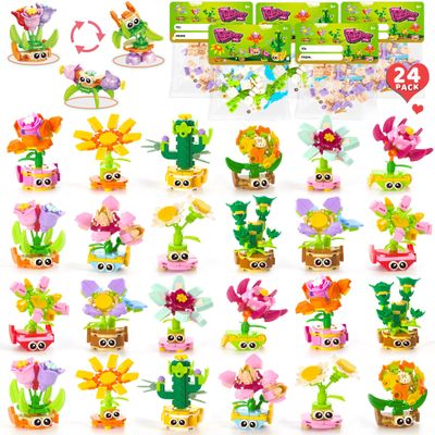 24 Pack Valentine's Day Gifts with Cards for Kids Party Favors 3-in-1 STEM Flower & Plant Building Sets (72 Models), Classroom Exchange & Non-Candy Goody Bag Fillers for Boys & Girls Ages 6+