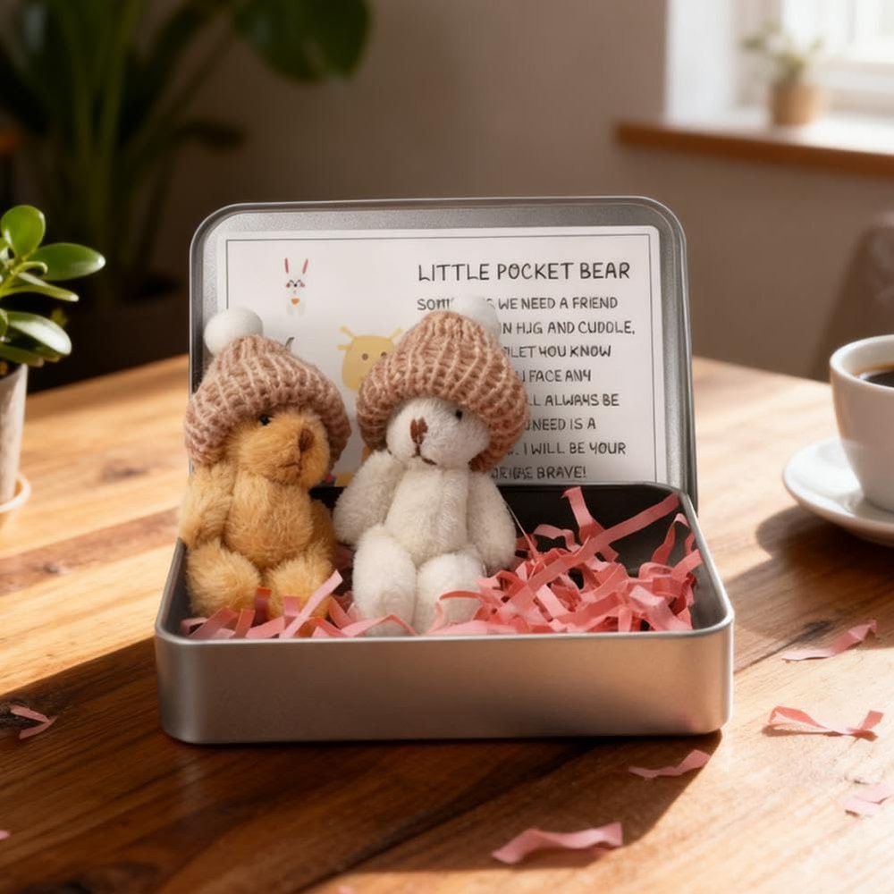 2PCS Little Worry Bear in Tin Box with Hat, Handmade Positive Small Plush Bear in A Box with Encouragement Little Card, Cute Inspirational Gifts Doll for Office Desk Decor & Birthday Party Favor