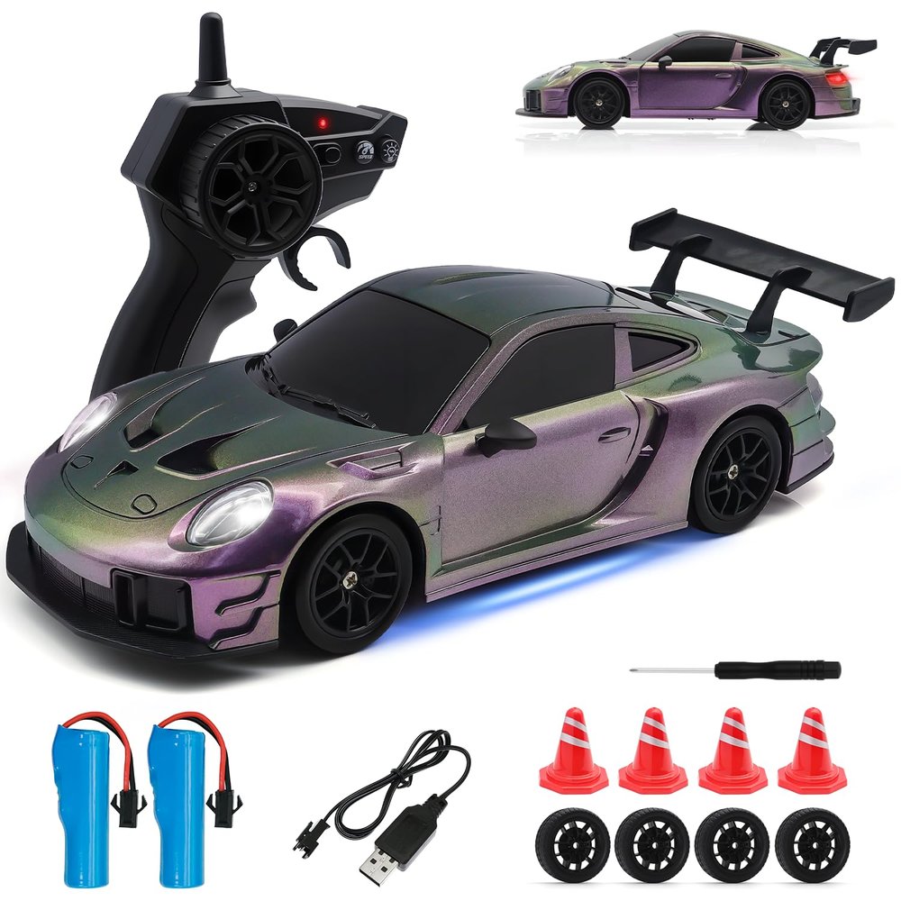 Aka Supaku RC Drift Car, 1:24 4WD Remote Control Cars Vehicle with LED Light,2.4GHz 20KM/H High Speed RC Cars with Two Batteries & Drifting Tires Racing Sport Toy for Adults Boys Girls Kids
