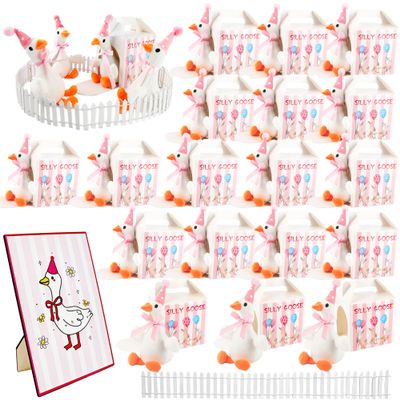 38 Pcs One Silly Goose 1st Birthday Decoration 18 Soft Goose Stuffed Animal with Birthday Party Hats Ribbon Bow 18 Boxes 1 Wood Table Decor and 1 Plastic Fences for Adopt a Animal Party Favors