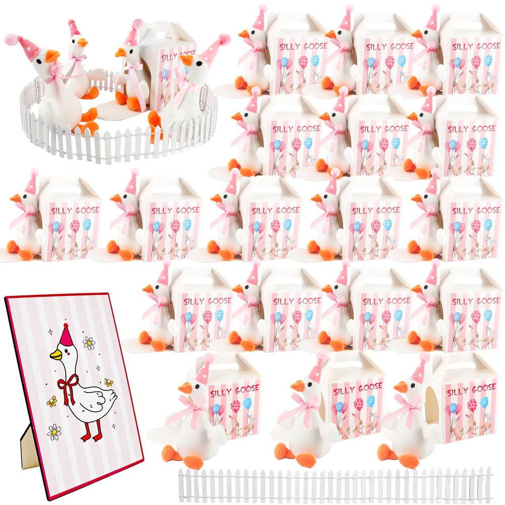 38 Pcs One Silly Goose 1st Birthday Decoration 18 Soft Goose Stuffed Animal with Birthday Party Hats Ribbon Bow 18 Boxes 1 Wood Table Decor and 1 Plastic Fences for Adopt a Animal Party Favors