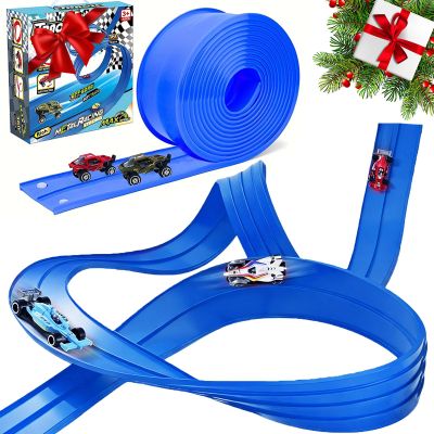 Valentines Day Gifts for Kids - Flex Tracks 16.4 Ft Starter Set Flexible Race Track for Kids, Race Car Ramp Track Compatible with Hot Wheels and Diecast 1/64th Cars with Strong Suction Cups (Blue)