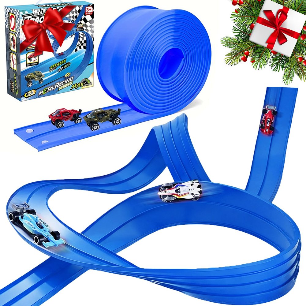 Valentines Day Gifts for Kids - Flex Tracks 16.4 Ft Starter Set Flexible Race Track for Kids, Race Car Ramp Track Compatible with Hot Wheels and Diecast 1/64th Cars with Strong Suction Cups (Blue)