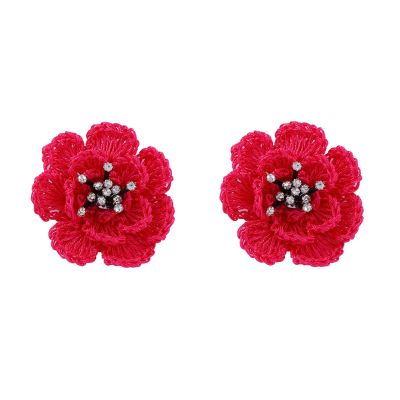 6 * 6cm Bohemian Hand Woven Flower Set Zircon Earrings,red,6 * 6cm