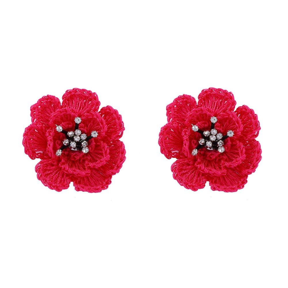 6 * 6cm Bohemian Hand Woven Flower Set Zircon Earrings,red,6 * 6cm