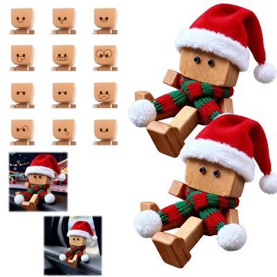 EIRZNGXQ Christmas Shaking Wooden Man, Magnetic Face Christmas Shaking Wooden Man Figurine with 12 Magnetic Expressions, Hats & Scarves, Handmade Funny Dashboard Figurine for Car Decor (red 2pcs)