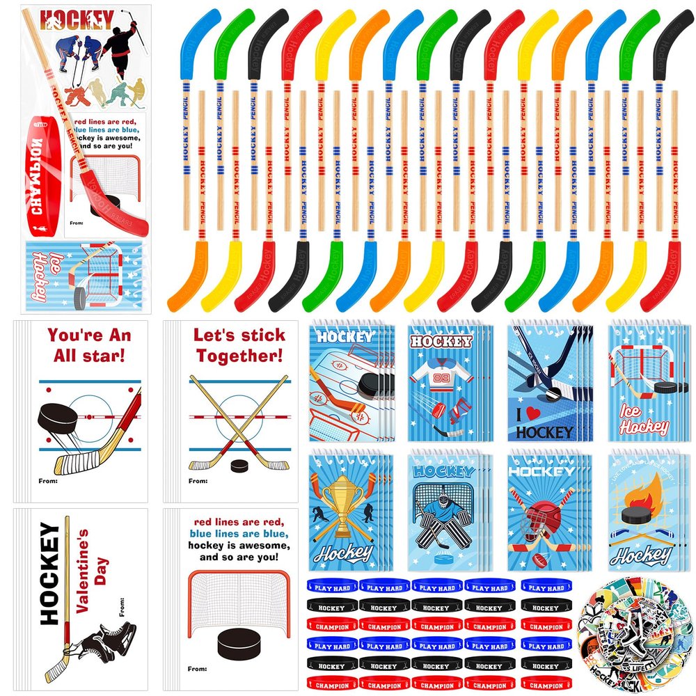 30 Set Valentines Gift Hockey Party Favors Includes Multicolor Hockey Stick Pencils Mini Notebooks Sports Notepads Hockey Bracelet Exchange Classroom Rewards Prizes Party Supplies Goodie Bags