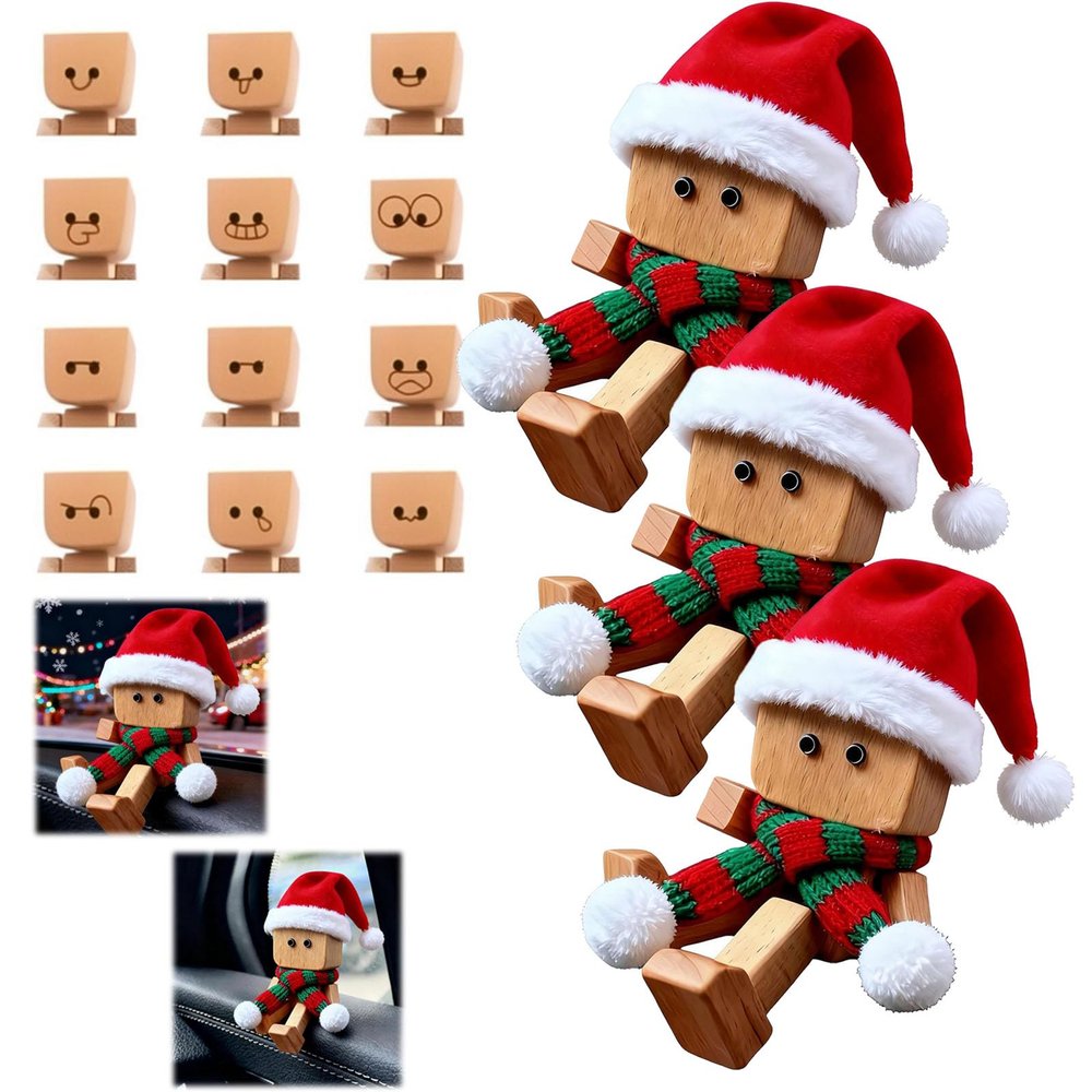 EIRZNGXQ Christmas Shaking Wooden Man, Magnetic Face Christmas Shaking Wooden Man Figurine with 12 Magnetic Expressions, Hats & Scarves, Handmade Funny Dashboard Figurine for Car Decor (red 3pcs)