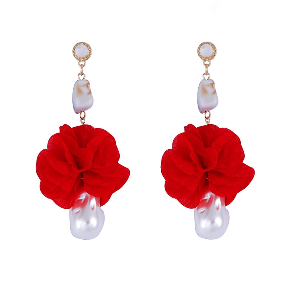 8.3 * 4.6cm Bohemian Fabric Spun Red Flower Imitation Pearl Pendant Earrings,Red,8.3 * 4.6cm