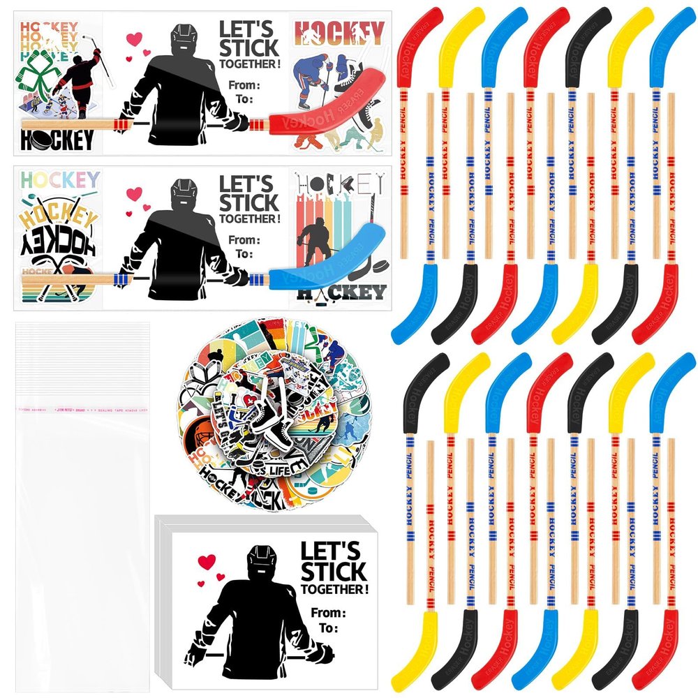 28 Set Valentines Day Gifts Hockey Party Favors Bulk Hockey Pencils and Erasers Includes Hockey Pencils Hockey Stickers Hockey Cards Packaging Gift Bags Hockey Fans Sports Fans Party Prize Gifts