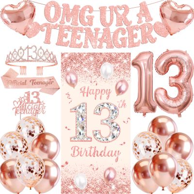 13th Birthday Decorations for Girls, 13 Year Old Girl Birthday Decorations Rose Gold Foil Balloons Happy 13th Birthday Banner Background Cloth