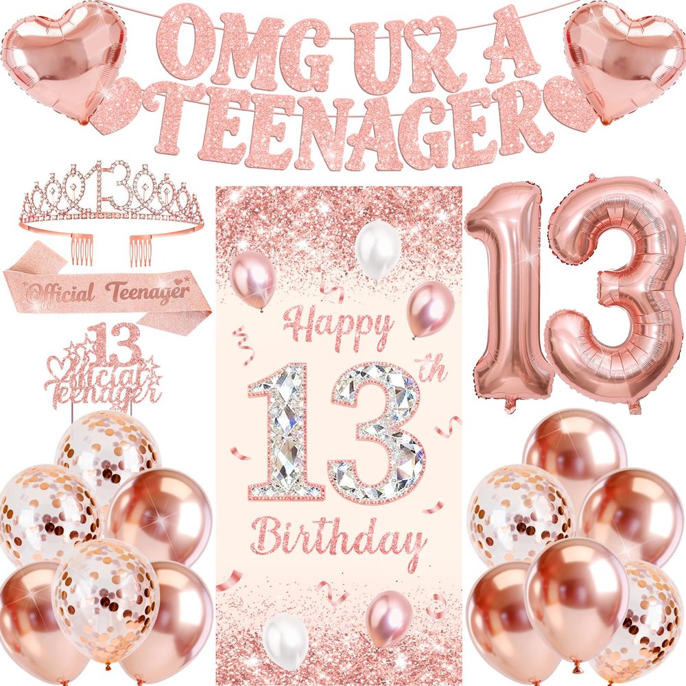 13th Birthday Decorations for Girls, 13 Year Old Girl Birthday Decorations Rose Gold Foil Balloons Happy 13th Birthday Banner Background Cloth