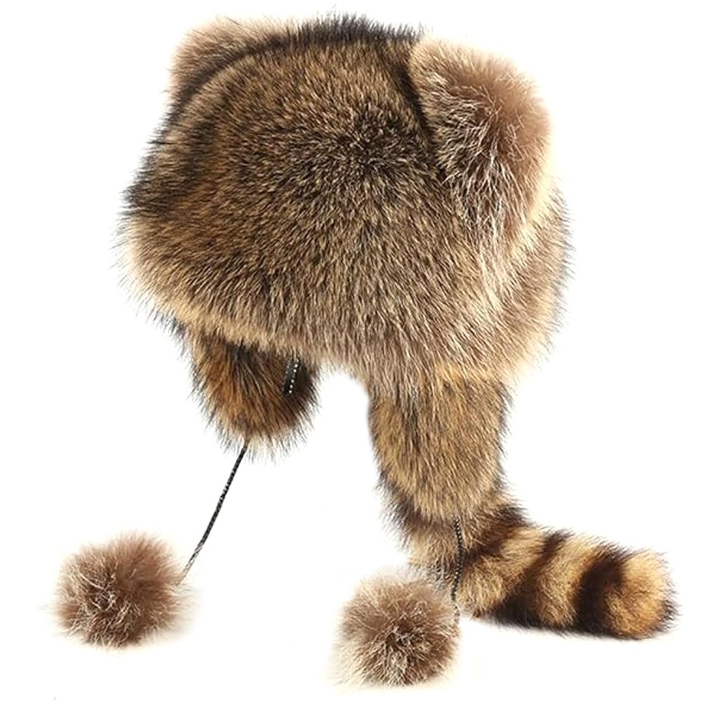 Raccoon Hat for Kids Warm & Thick Racoon Hat with Plush Furry Tail Round Top Coonskin Cap for Cold Weather Winter Costume Headwear.. Brown
