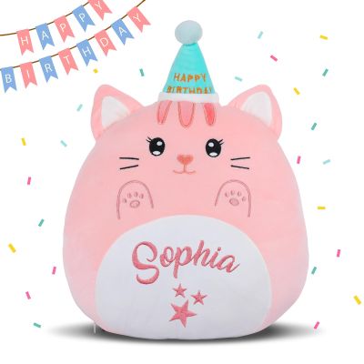 15.7'' Birthday Cat Plush Pillow Custom Embroidery Name, Personalized Emotional Support Hug Gift, Soft Kitten Plush Toy Cute Cat Stuffed Animal Birthday Gift for Girls
