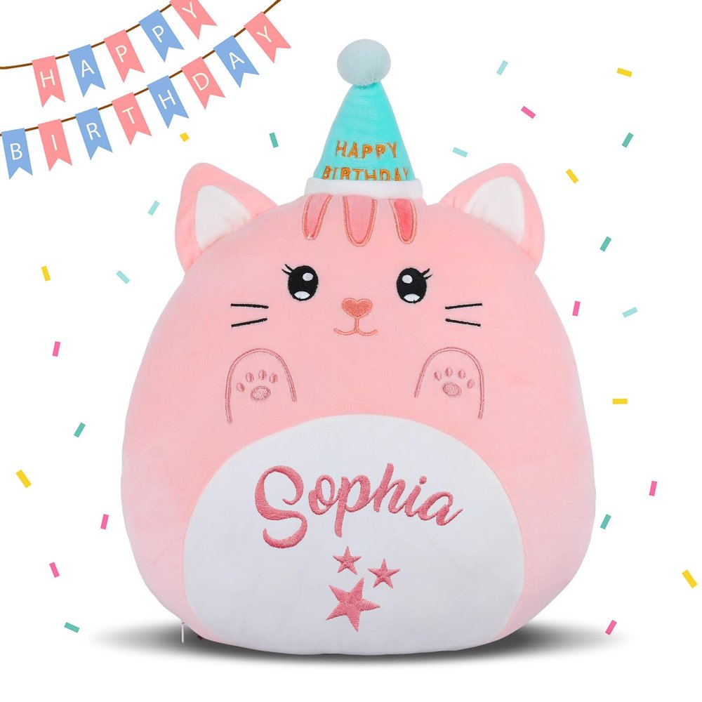 15.7'' Birthday Cat Plush Pillow Custom Embroidery Name, Personalized Emotional Support Hug Gift, Soft Kitten Plush Toy Cute Cat Stuffed Animal Birthday Gift for Girls