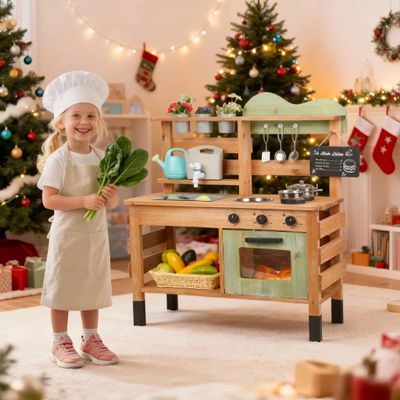 Outdoor Kitchen for Kids,Mud Kitchen Wooden Toy Playset Toddler Kitchen Playset with Kettle Blackboard Wooden Plant Container Kitchen Accessories for 3+ Ages Gift on Birthdays Children's Day Christmas