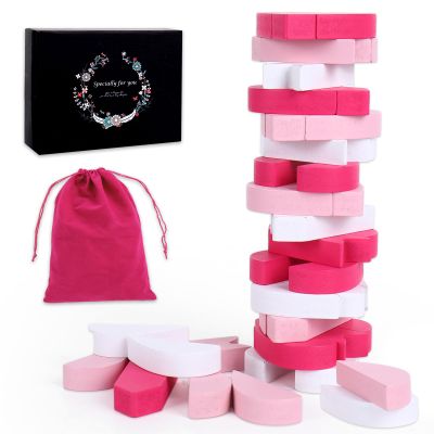 JarThenaAMCS 45 Pcs Valentine's Day Wooden Block Tower Game Pink White Heart Block with Storage Bag Gift Box Tumbling Tower Balance Game for Date Night Couple Lover Family Activities