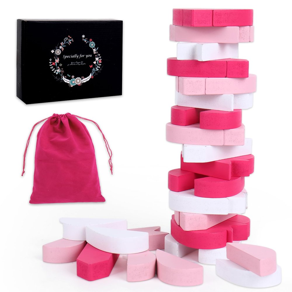 JarThenaAMCS 45 Pcs Valentine's Day Wooden Block Tower Game Pink White Heart Block with Storage Bag Gift Box Tumbling Tower Balance Game for Date Night Couple Lover Family Activities