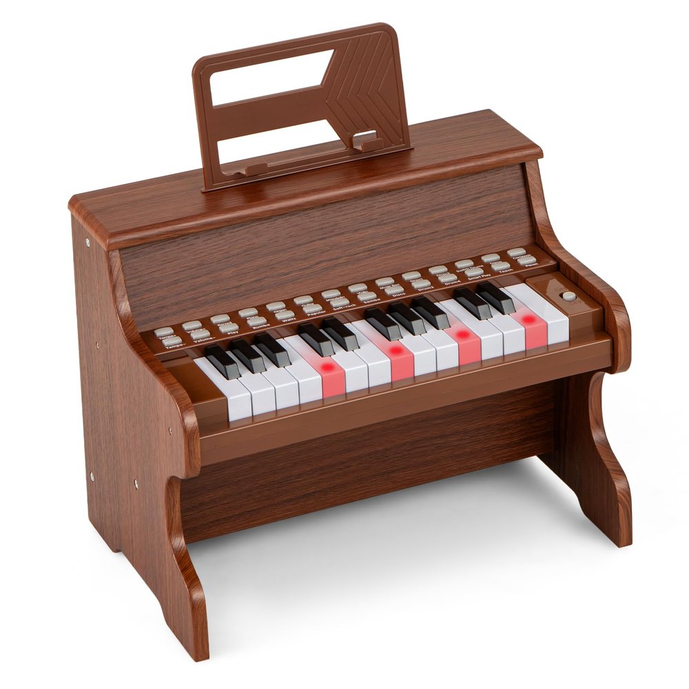 HONEY JOY Wooden Kids Keyboard Piano, 25 Lighted Keys Digital Piano for Kids w/Music Stand, Early Learning Educational Musical Instrument, Baby Piano Toy for 3+ Years Old Toddlers Boys Girls (Brown)