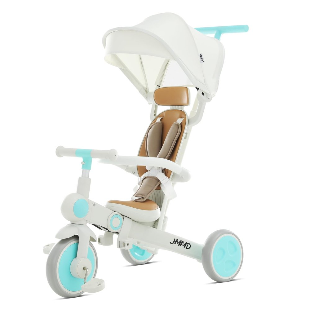 JMMD Foldable Baby Tricycle, Mint and White, Adjustable Canopy, Kids Stroller Trike with Safety Features