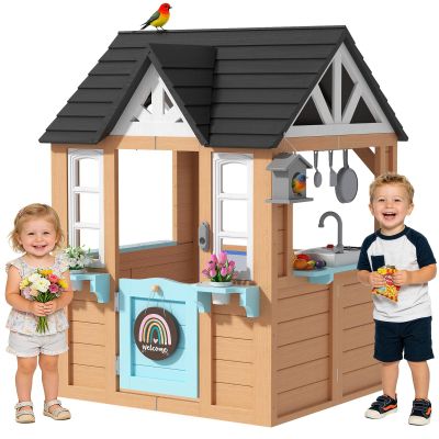 BIERUM Outdoor Playhouse for Kids - Wooden Kid Play House with Play Kitchen, Birdhouse, Flowerpot Holders and Mud Molds, Premium Wood Kids Cottage for Ages 3-8, Backyard Pretend Play, Blue & Brown