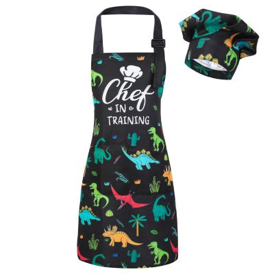 XLSXEXCL Kids Apron and Chef Hat Set, CHEF in training Apron Adjustable Child Aprons Chef in Training Funny Aprons with 2 Pockets for Boys and Girls (Multicolor Dinosaur)
