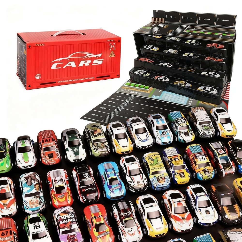 Mega Car Vault Collection, 48 Mini Pull-Back Cars with Built-in Garage Set, Alloy Material, Ultimate Pullback Car Collection Set, Multiple Simulation Scenarios, Idea