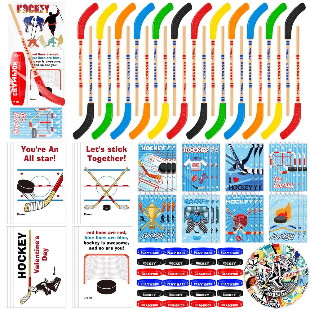 24 Set Valentines Gift Hockey Party Favors Includes Multicolor Hockey Stick Pencils Mini Notebooks Sports Notepads Hockey Bracelet Exchange Classroom Rewards Prizes Party Supplies Goodie Bags