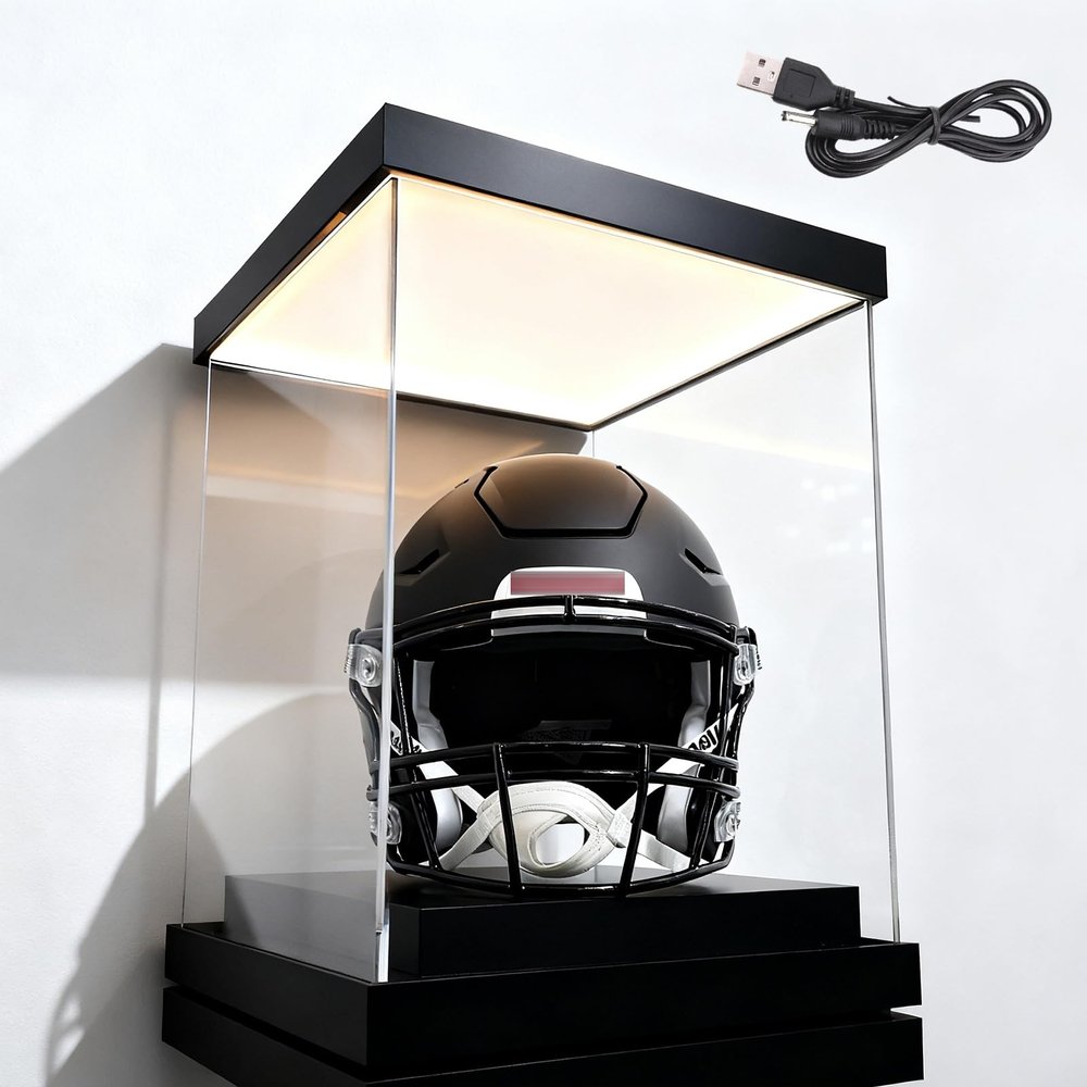 6 12 18 20 24 30 in Square Acrylic Display Case, Dustproof Acrylic Display Box for Football Helmet, Transparent Alternative Glass Cube Case(Black,65x65x65cm/26x26x26in)