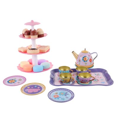 FOYTOKI Cartoon Themed Tin Tea Party Set with Metal Teapot and Cups Pretend Play for Boys Educational Role-Playing Social Skills Development Set