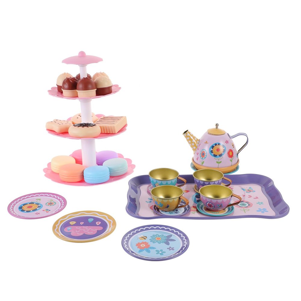 FOYTOKI Cartoon Themed Tin Tea Party Set with Metal Teapot and Cups Pretend Play for Boys Educational Role-Playing Social Skills Development Set