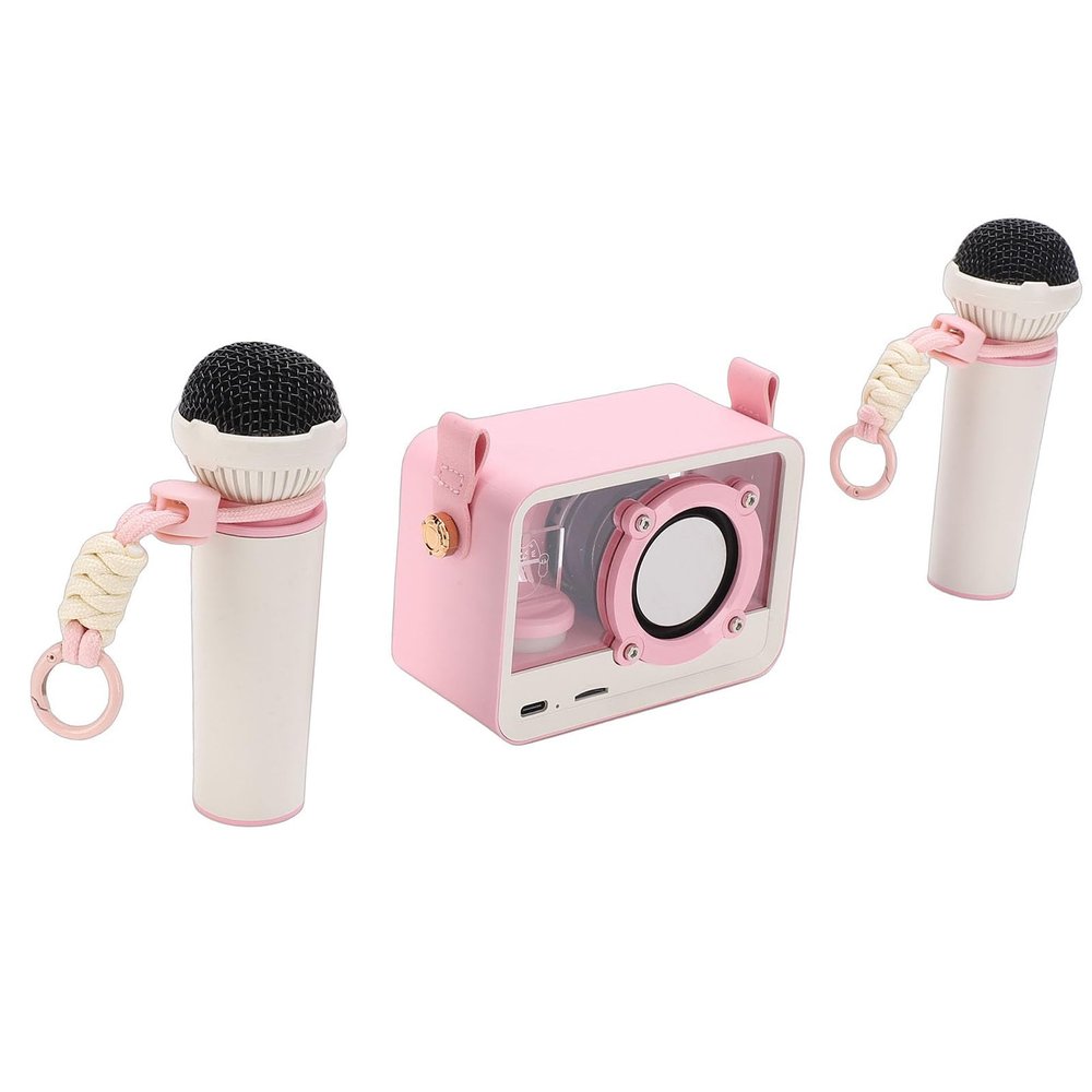 Luocute Mini Karaoke Machine, Portable Speaker with 2 Wireless Microphones, Hanging Strap for Outdoor Adventures, Birthday Parties Classroom Activities (Pink)