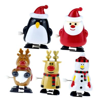 5Pcs Christmas Wind-up Cartoon Santa Snowman Reindeer Penguin Clockwork Walking Bright Colors Safe Smooth Design Party Favors and