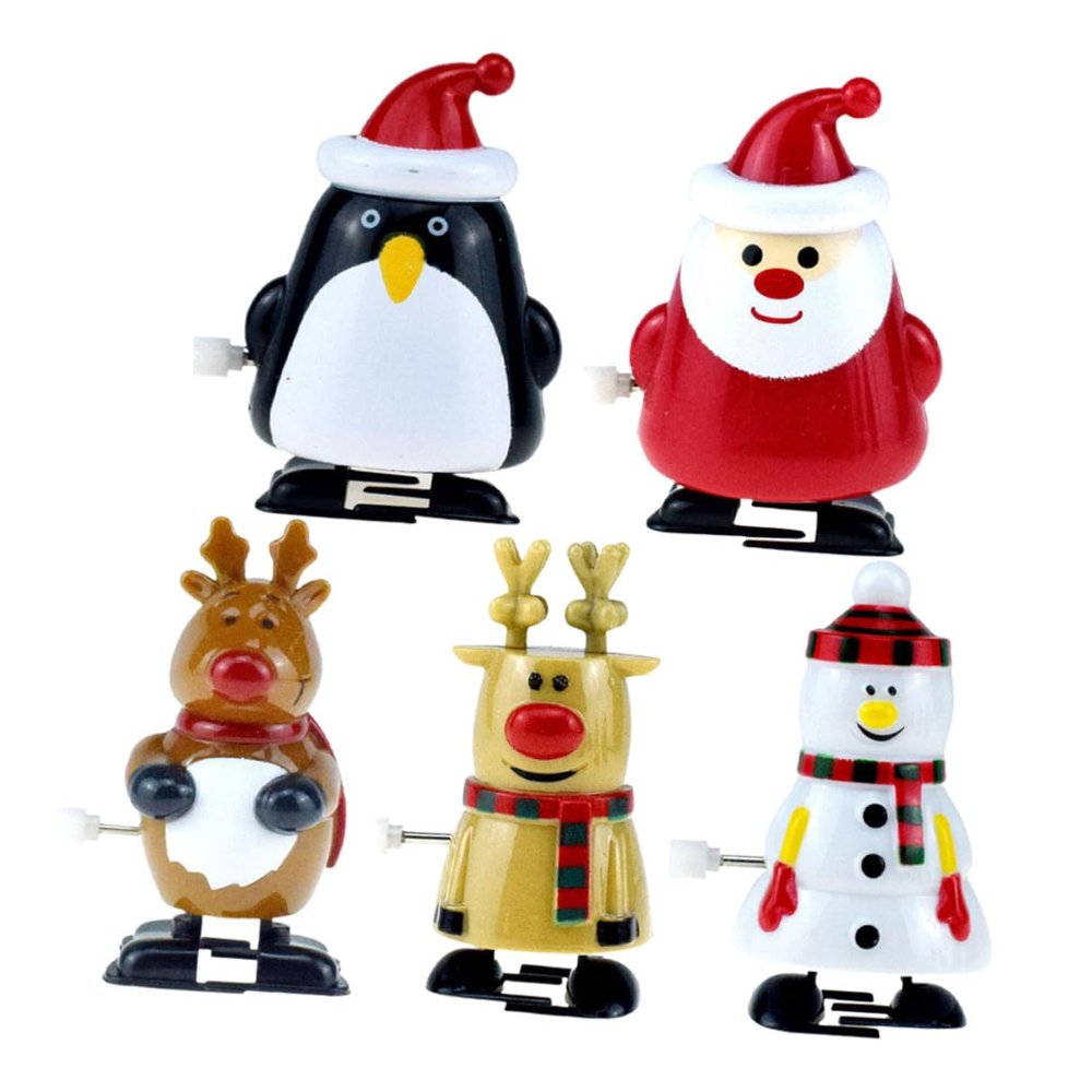 5Pcs Christmas Wind-up Cartoon Santa Snowman Reindeer Penguin Clockwork Walking Bright Colors Safe Smooth Design Party Favors and