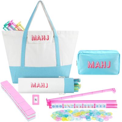 Ceenna American Mahjong Tile Set, 166 Tiles, 4 All-in-one Rack/Pushers, Complete Western Mahjong Set with Carrying Bag(Blue,Elegant)