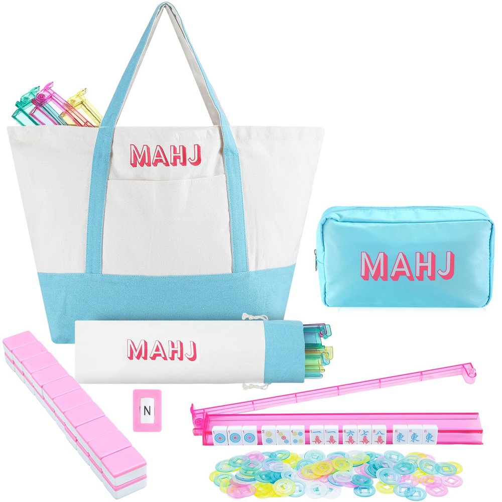 Ceenna American Mahjong Tile Set, 166 Tiles, 4 All-in-one Rack/Pushers, Complete Western Mahjong Set with Carrying Bag(Blue,Elegant)