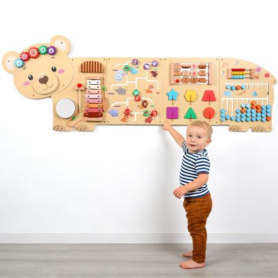 5FT Large Bear Activity Wall Busy Board Wooden Sensory Wall Panel Educational Montessori Toys for Toddler Kids Interactive Sensory Activity Board Learning Center Playroom Daycare Nursery Decor