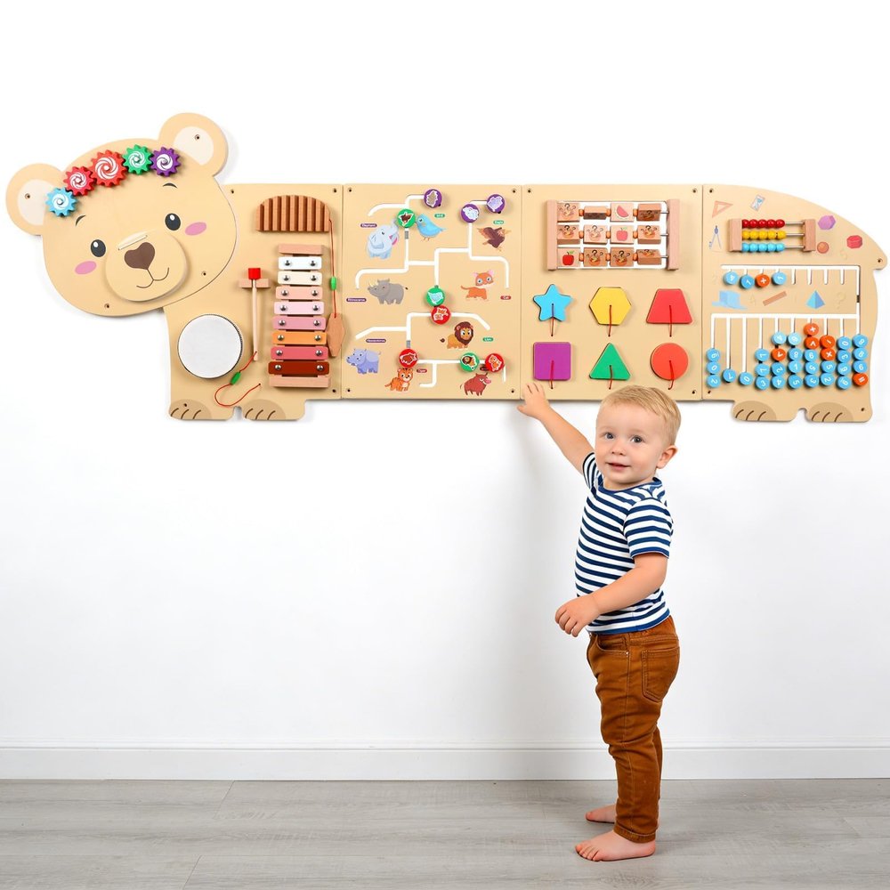 5FT Large Bear Activity Wall Busy Board Wooden Sensory Wall Panel Educational Montessori Toys for Toddler Kids Interactive Sensory Activity Board Learning Center Playroom Daycare Nursery Decor