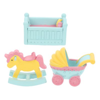 EXQUIMEUBLE 3pcs Birthday Cake Adornments Resin Ornament with Rocking Horse Stroller and Crib Decorations for Girl Party Table and Cupcake Decor