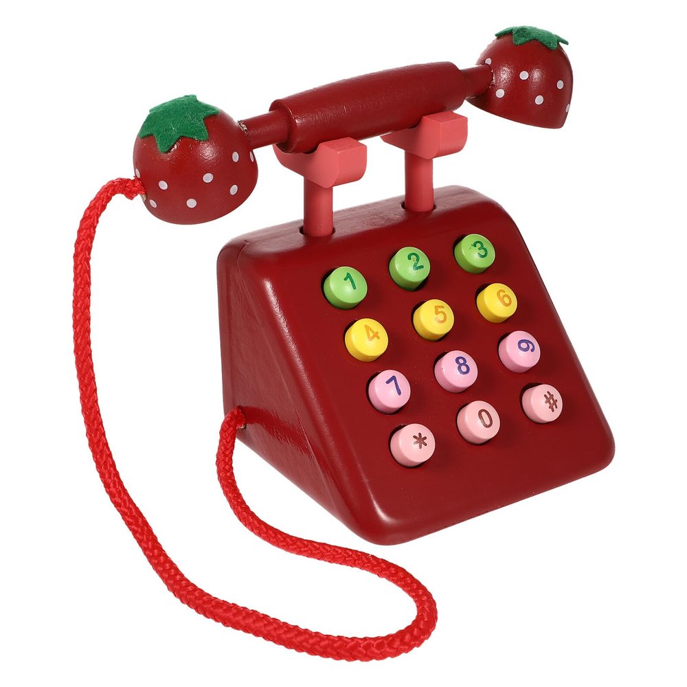 MAJORMENCH Wooden Rotary Telephone for Pretend Role Play with Turnable Dial Hand-Eye Coordination Educational Phone Interactive Playset in Strawberry Red