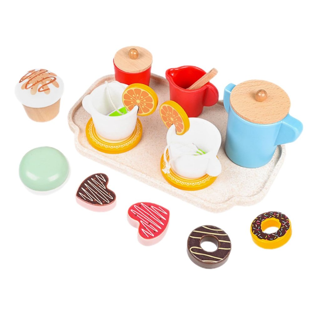 Abaodam Wooden Afternoon Tea Playset with Realistic Miniature Dessert Props for Pretend Play Educational for Birthday and S Day