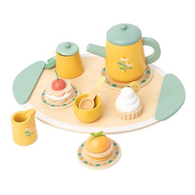Kisangel Wooden Tea Set Play Kitchen Accessories Miniature House Tableware DIY Tea Set Decor Pretend Play Enhances Coordination and Social Skills